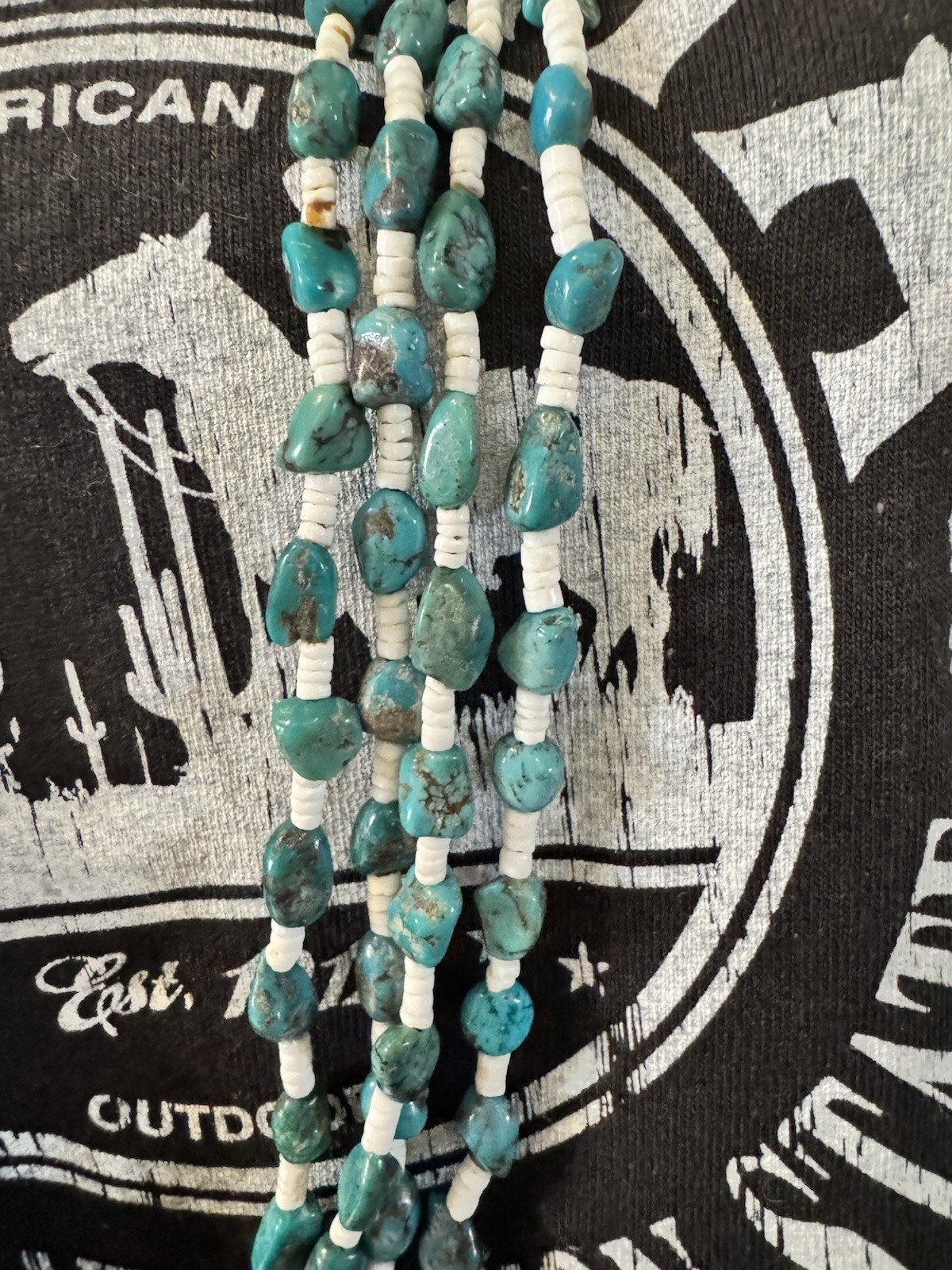Multi-Strand Turquoise Chip & White Bead Necklace Bohemian No Clasp 26 in