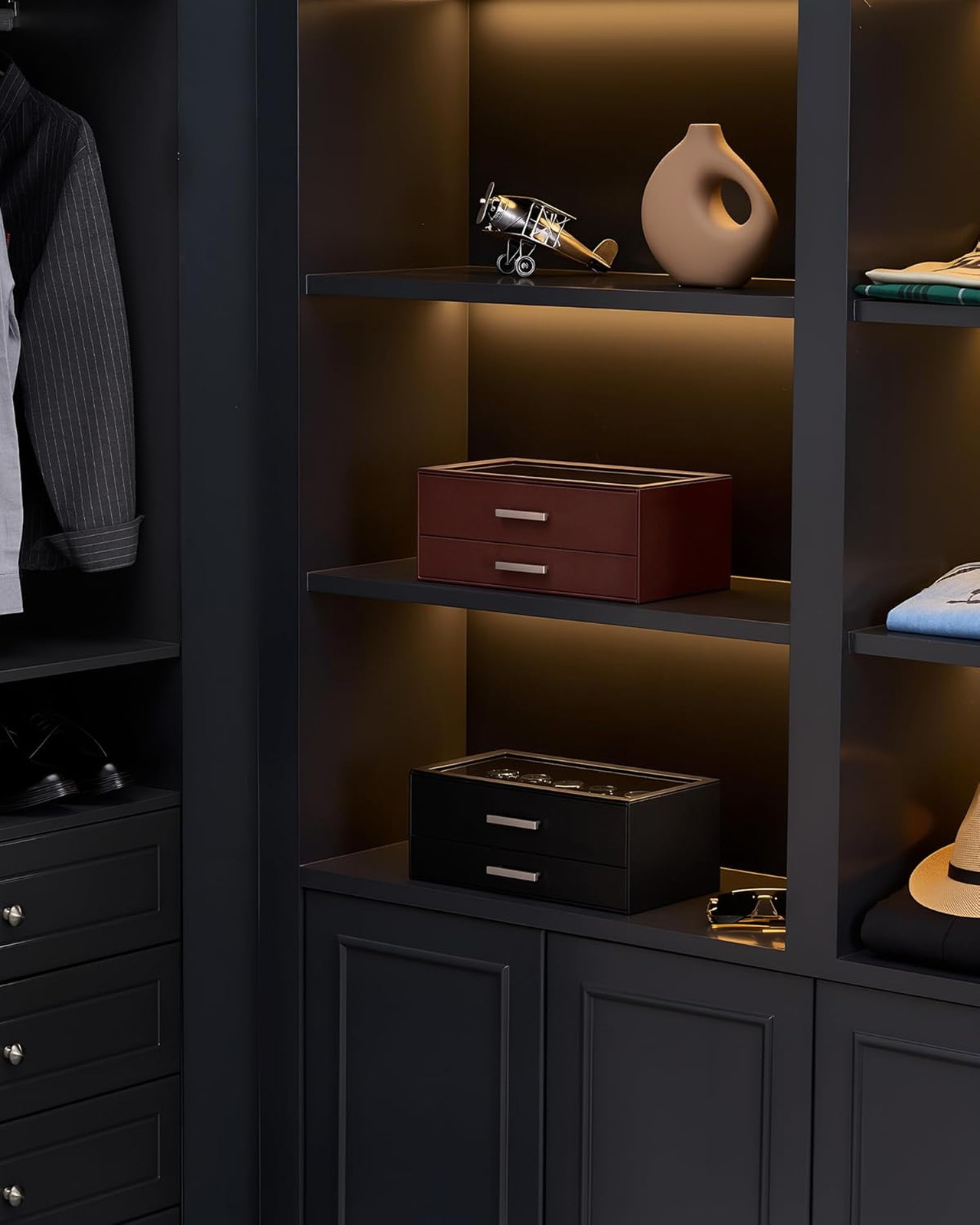 Watch Organizer Box with Pull-Out Drawers for Men Black Glass Top Jewelry