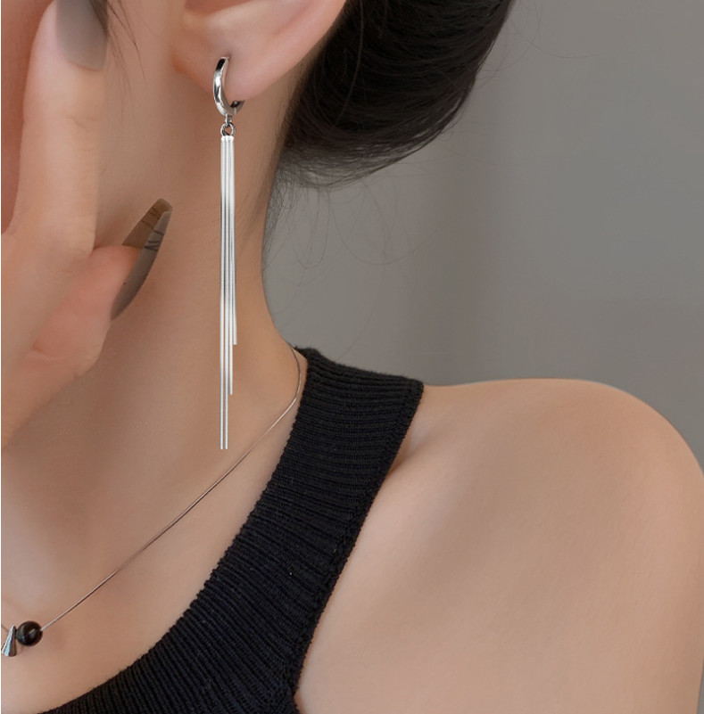 925 Silver Plated Huggie Earrings Tassel Chain LeverBack Drop Hoop TH4