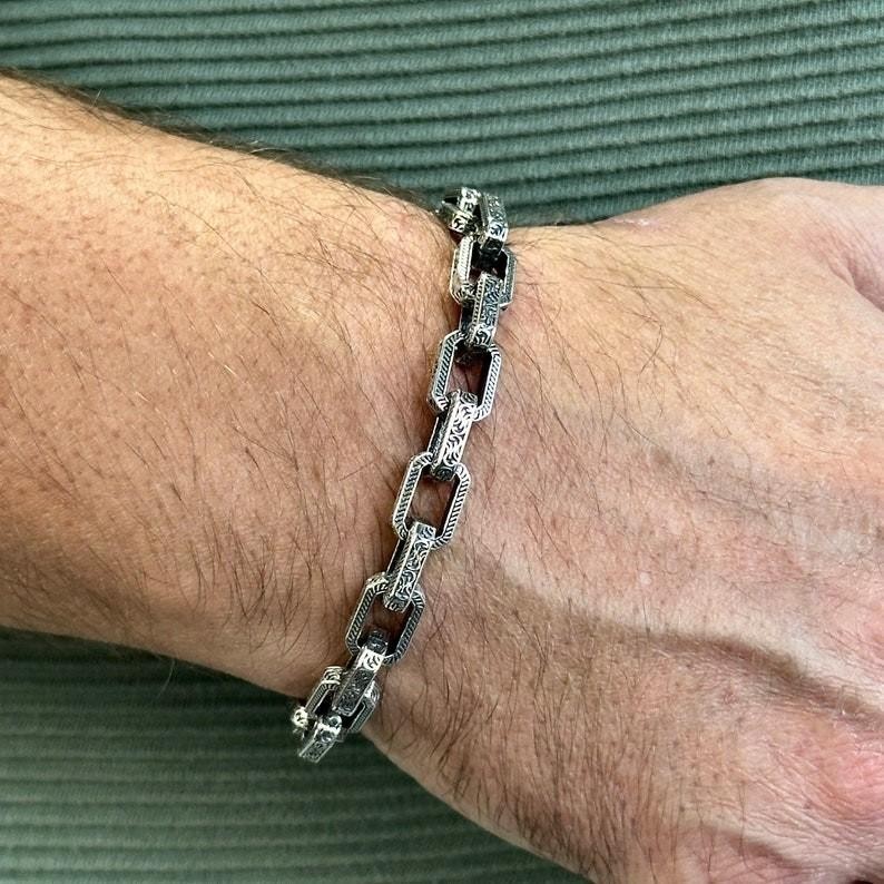 Mens 925 Sterling Silver Oxidized Curb Chain Bracelet Hand Engraved Jewelry