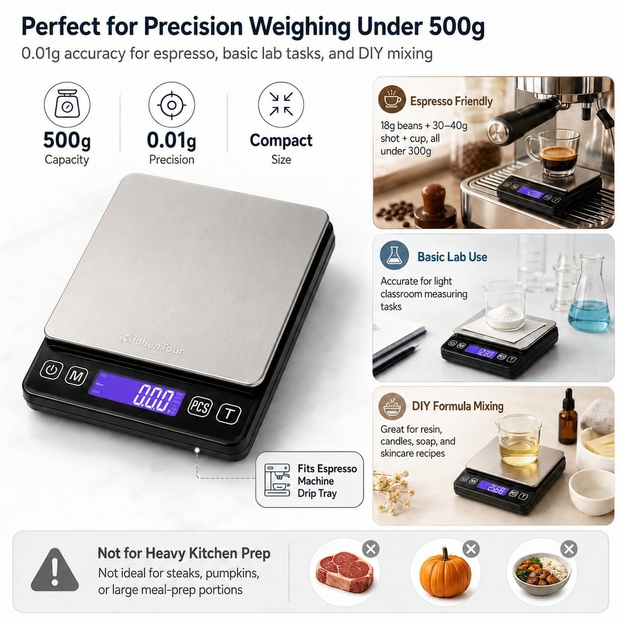 KitchenTour Mini Gram Scale for Coffee, Jewelry and Small Items, 500g x 0.01g…