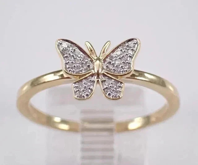 14K Yellow Gold Plated 1Ct Round Cut Real Moissanite Butterfly Engagement Ring
