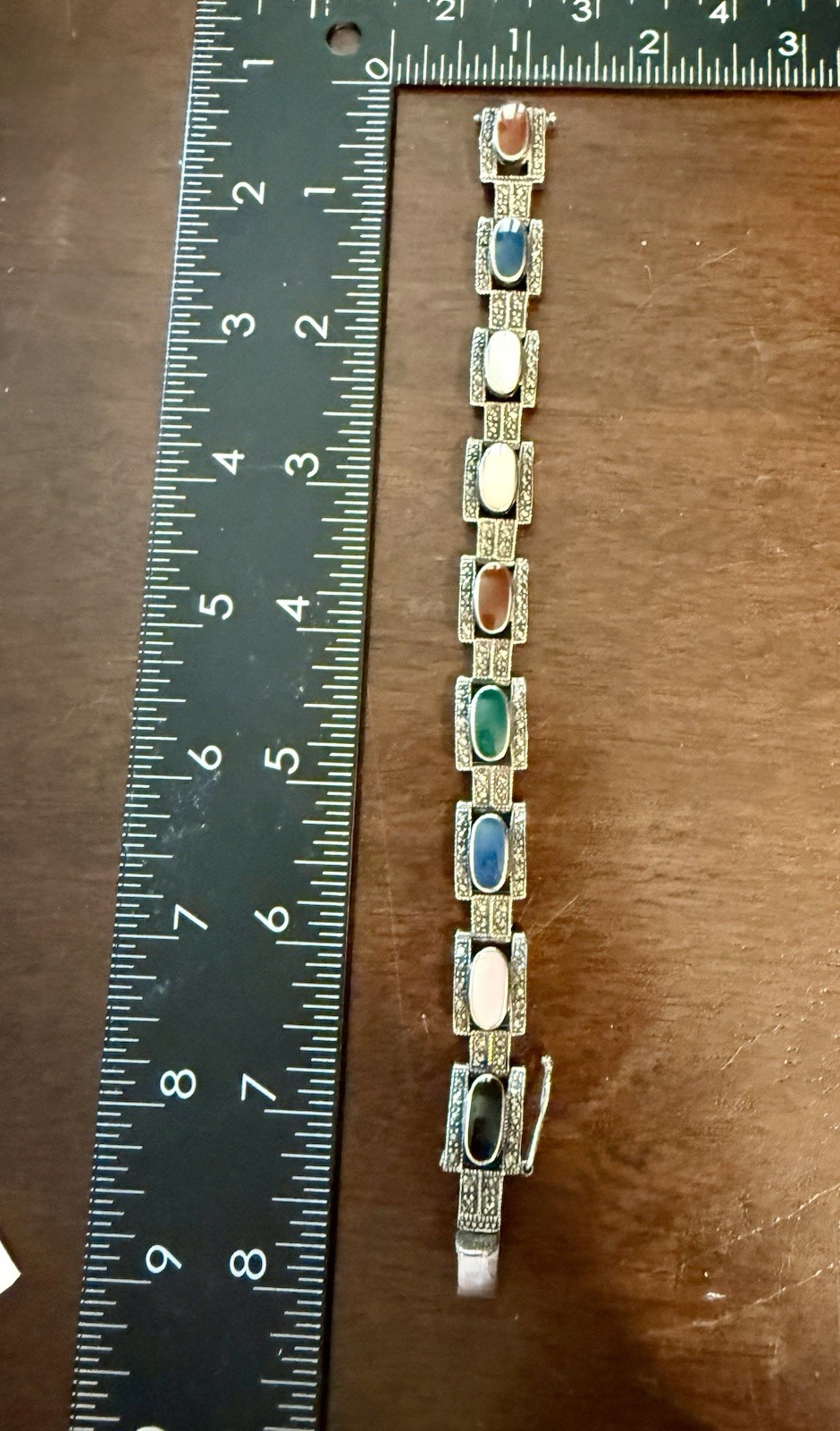 925 Sterling Silver Multi Gemstone Marcasite Art Deco Style Link Bracelet 7.5”