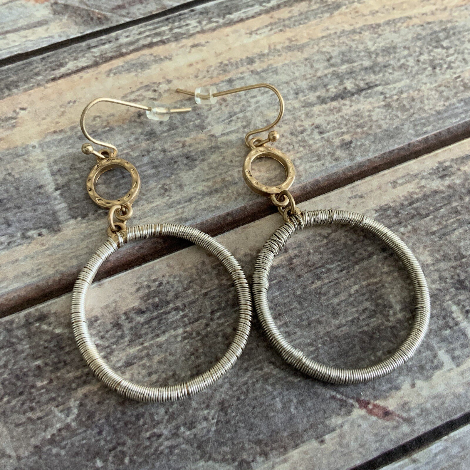 Mixed metal wrapped wire hoop dangle earrings