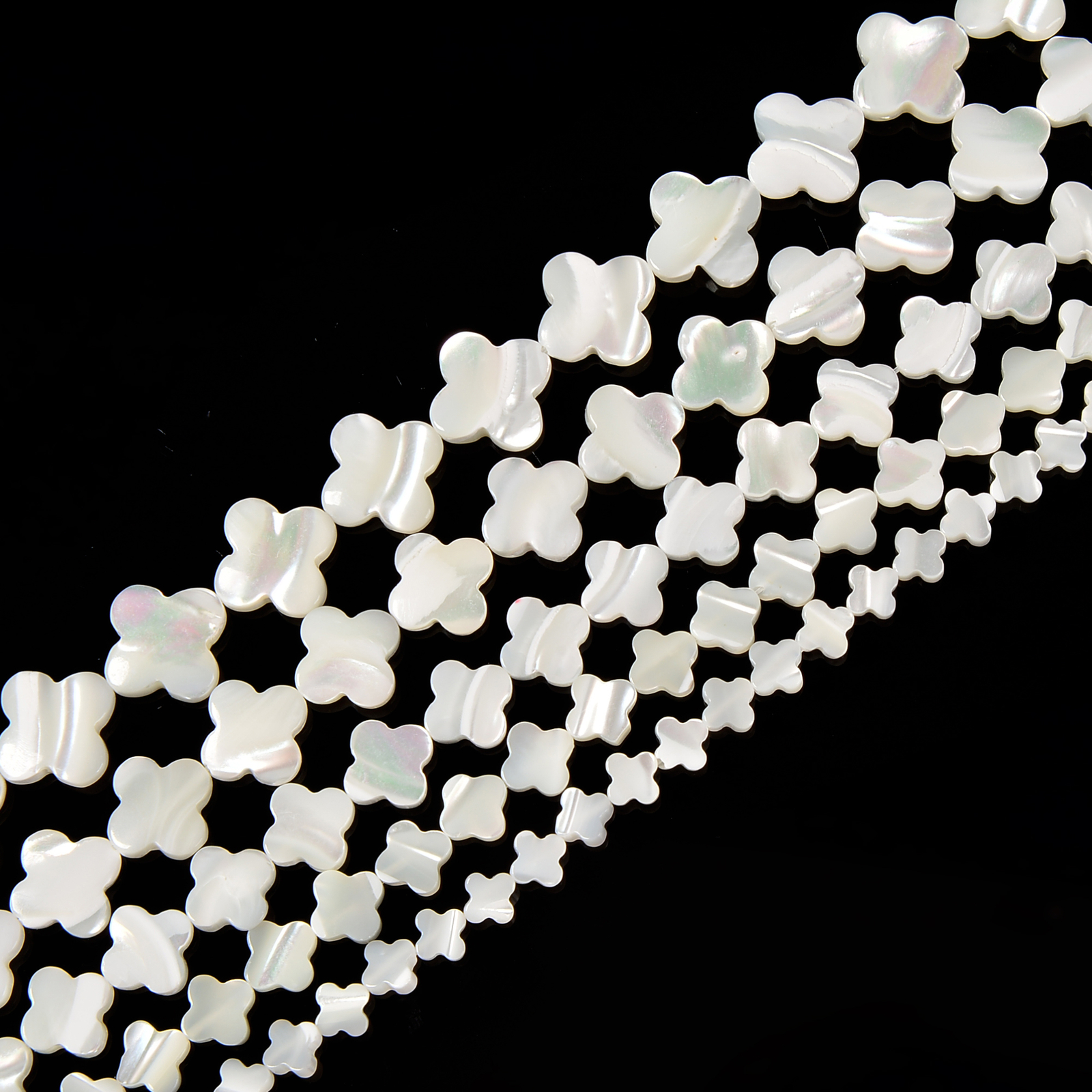 White Mother of Pearl MOP Shell Four Leaf Clover Beads 6mm to 16mm 15.5” Strd