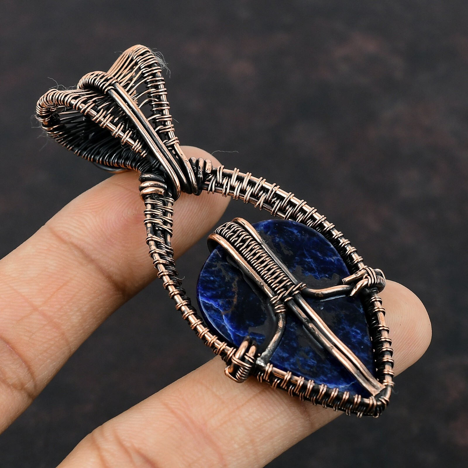 Sodalite Wire Wrapped Pendant Handcrafted Copper Birthday Gift Jewelry 3.11″