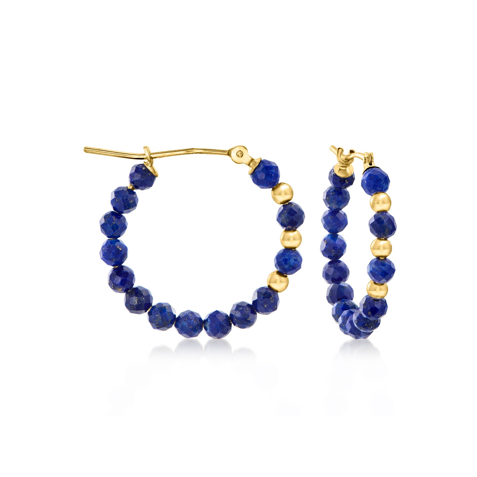 Ross-Simons 3-3.5mm Lapis Bead Hoop Earrings with 10kt Yellow Gold. 3/4 inches
