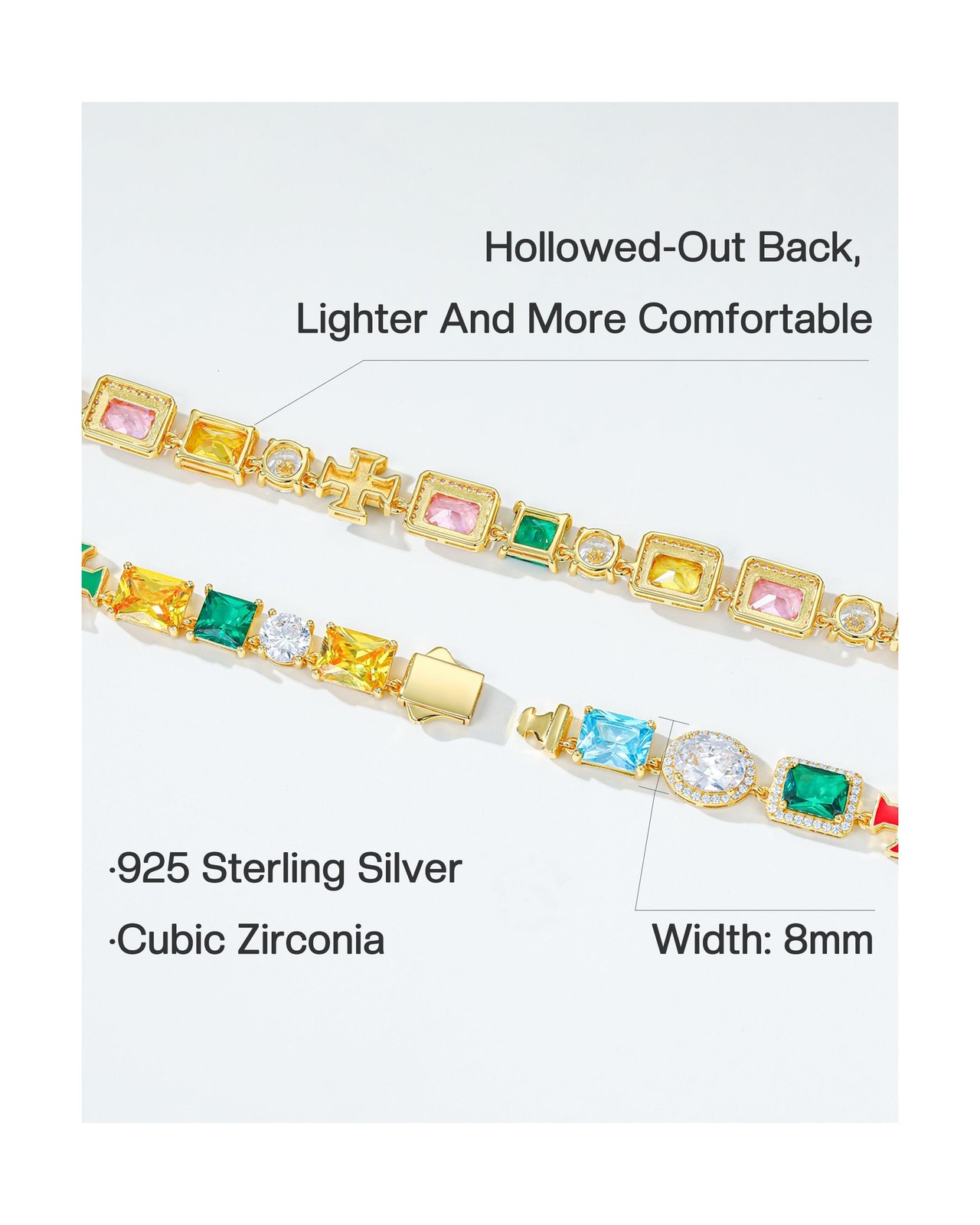 Multi Gemstone Tennis Necklaces For Women Men, 8MM, 16-24inches, 925 Sterling…