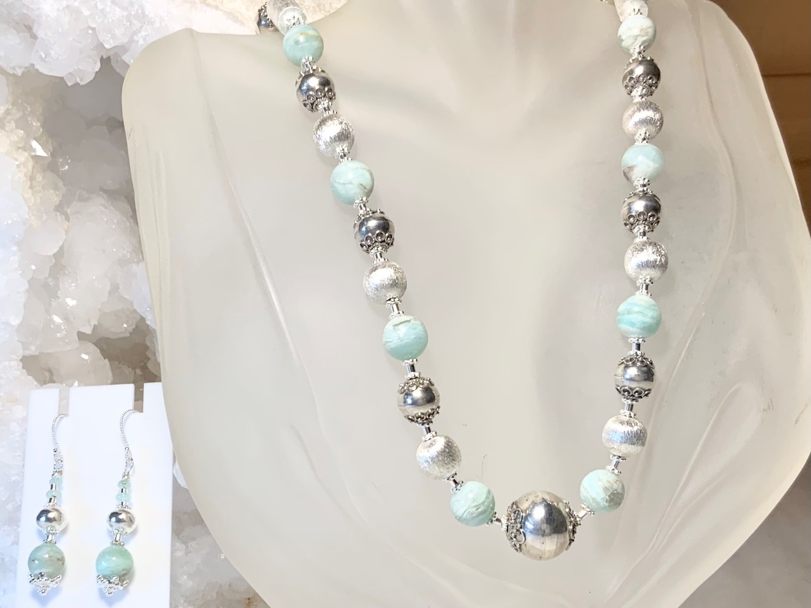 SS .925 BLUE PERUVIAN OPAL NECKLACE & EARRINGS AND SET