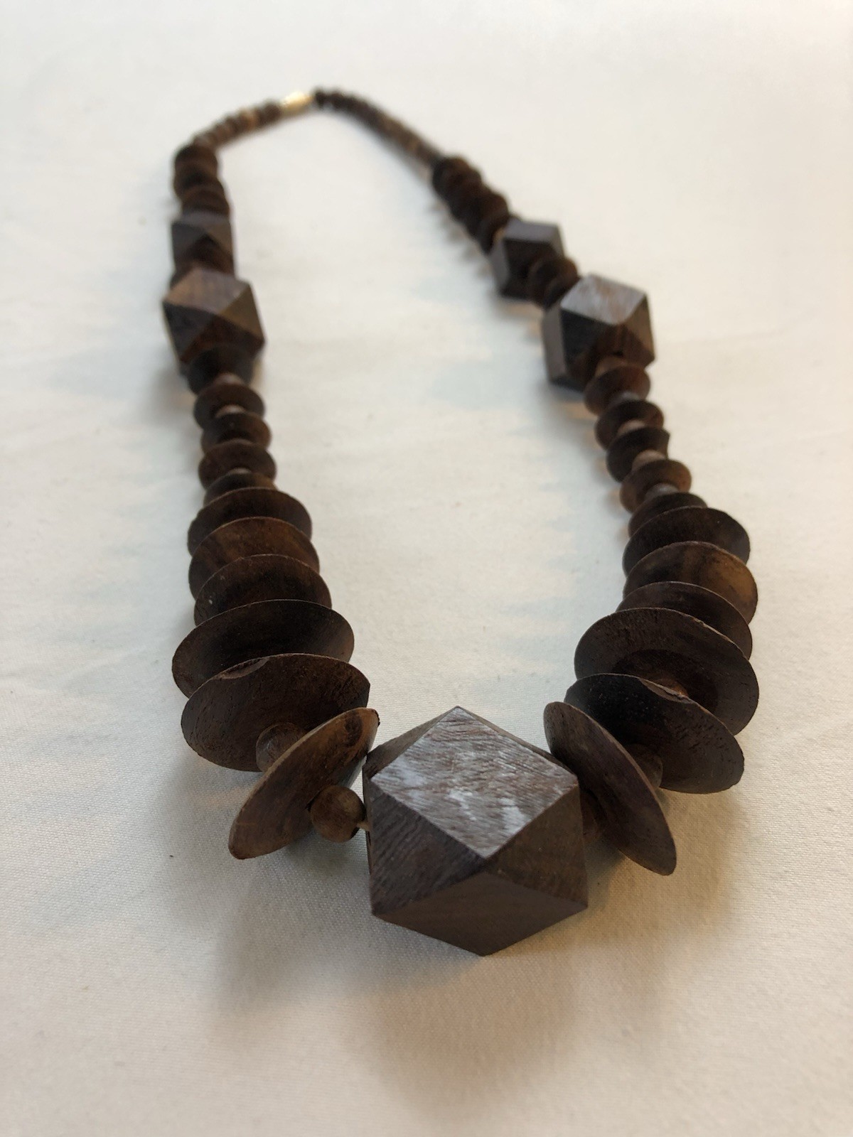 Vintage Handcrafted Dark Wood Beaded Statement Necklace Geometric Boho Artisan