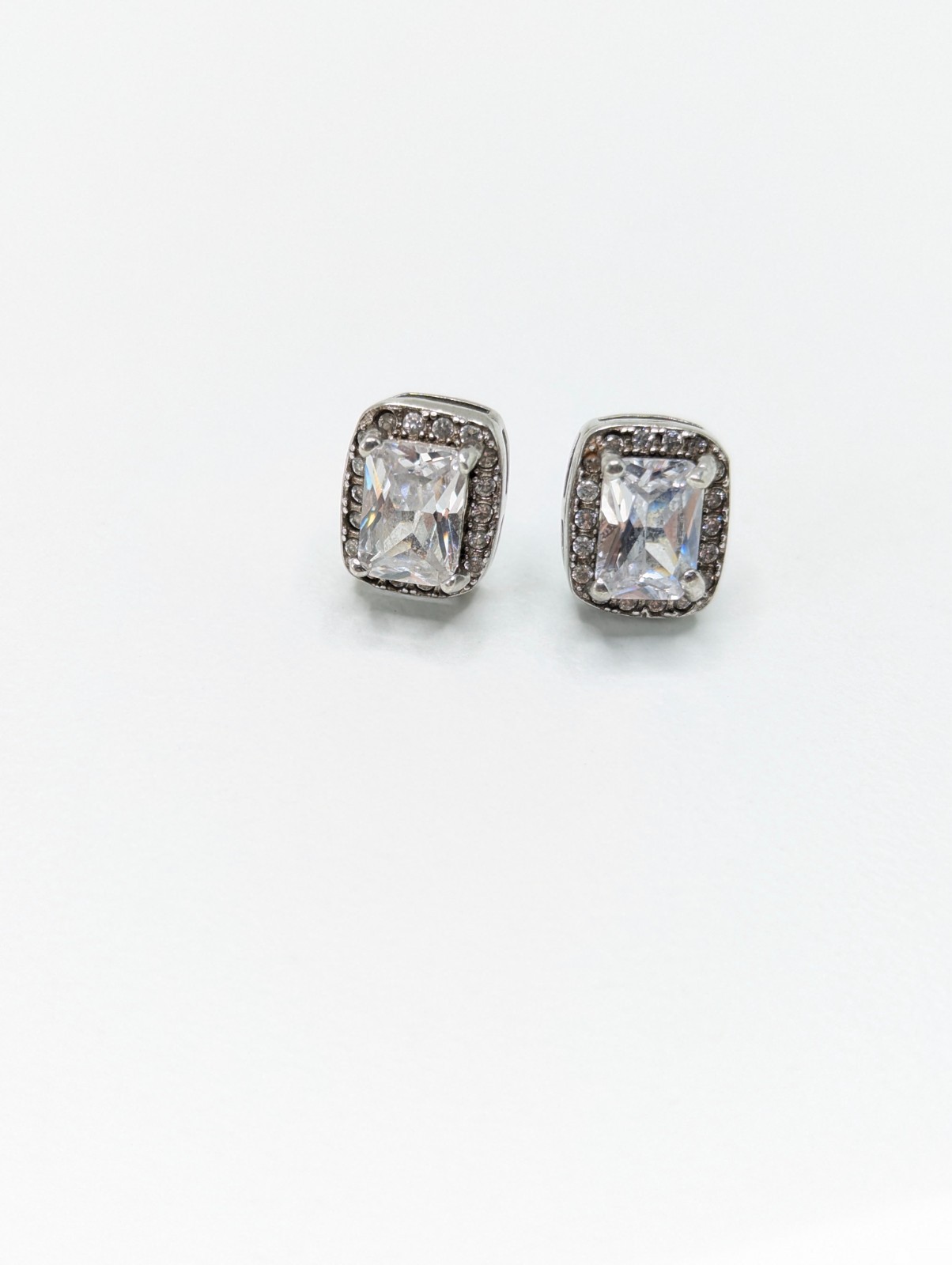 Sterling Silver 925 Halo Stud Earrings Rectangular Clear CZ Push Back 2.8g