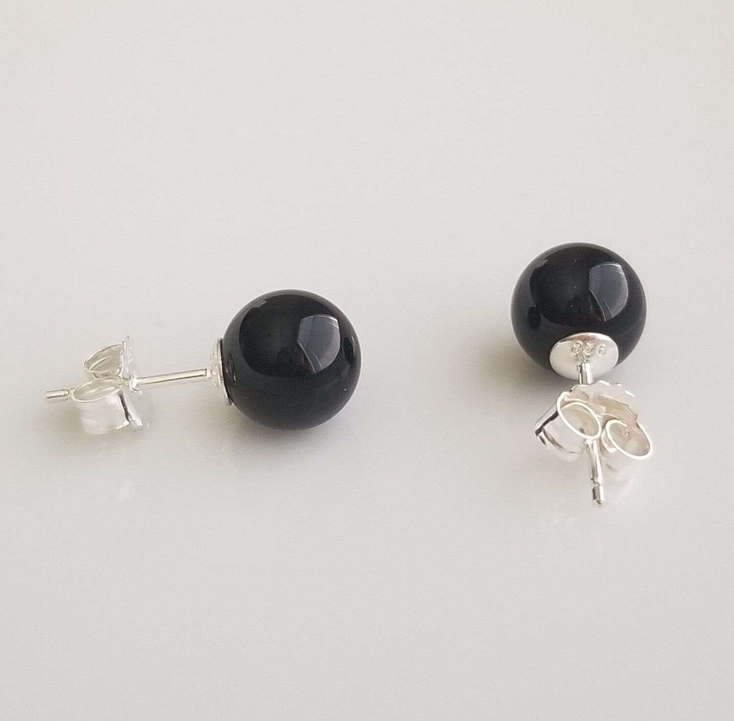 Solid 925 Sterling Sliver Natural Black Onyx 8mm Round Ball Stud Earrings