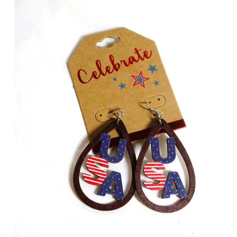USA Teardrop Wooden Earrings Pierced Ears Patriotic Cutout Design Lightweight 2″