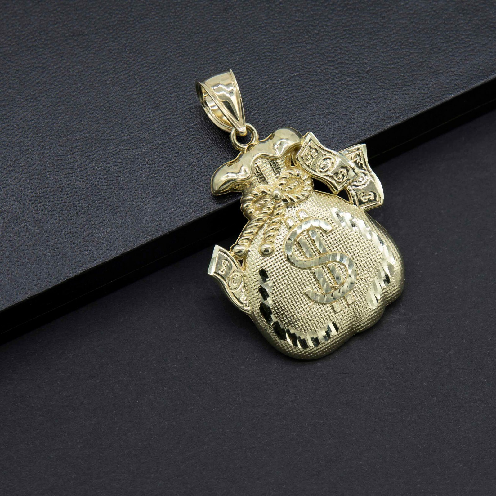 Diamond-Cut Money Bag Luck Pendant Real 10K Yellow Gold All Sizes