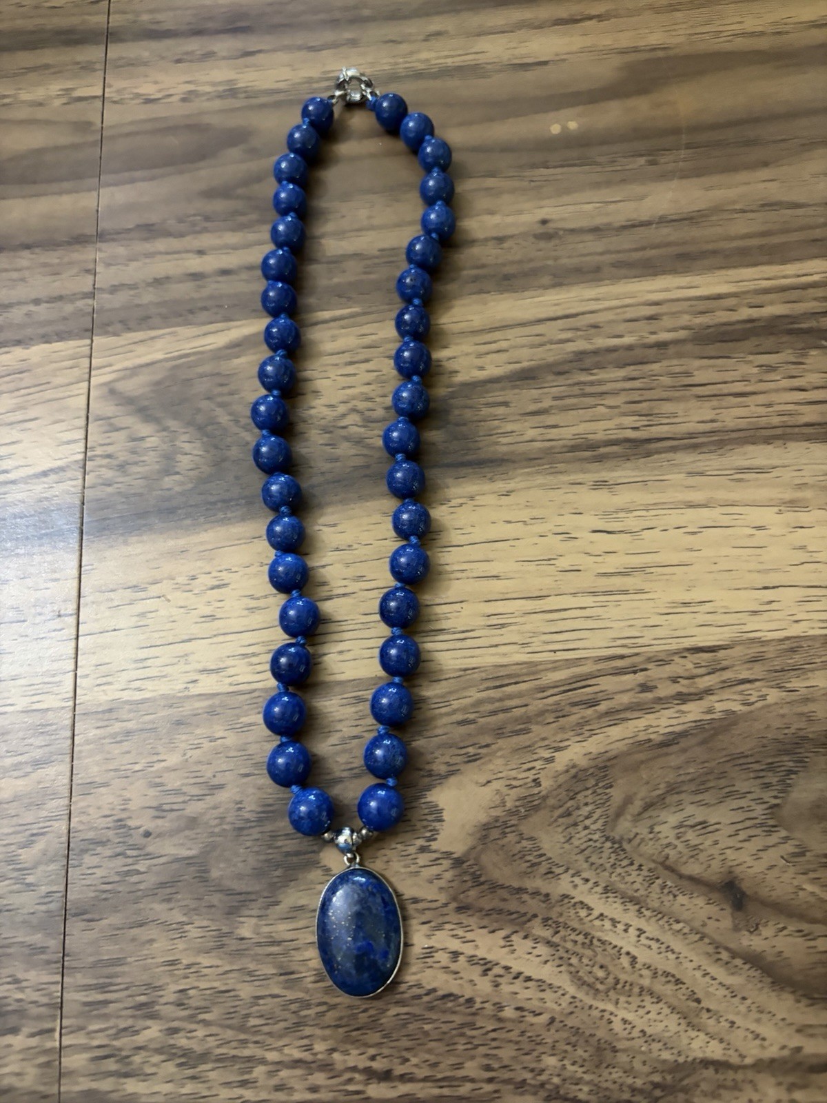 10mm Round Lapis Lazuli Beads & Oval Pendant Necklace 18”