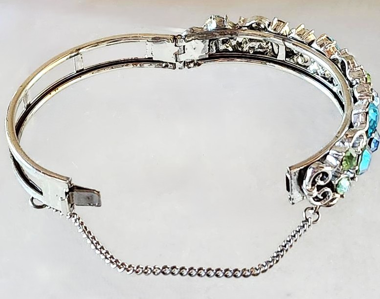 Lisner Vintage Rhinestone Bracelet & Earrings Blues Greens ABs Silver-Tone