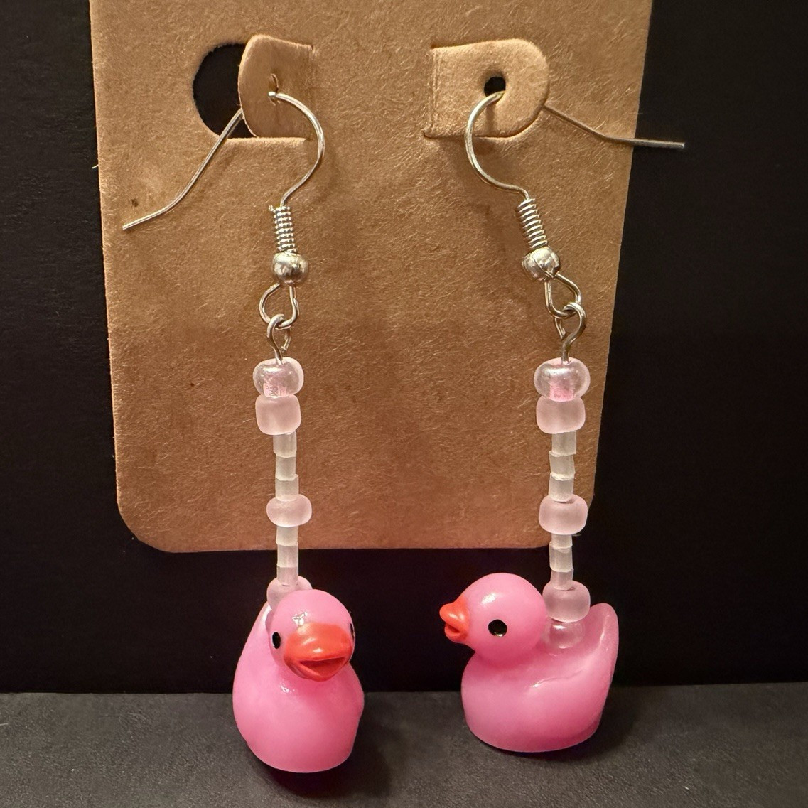 Handmade ooak pink dangle drop duck earrings with pink and white frosted beads
