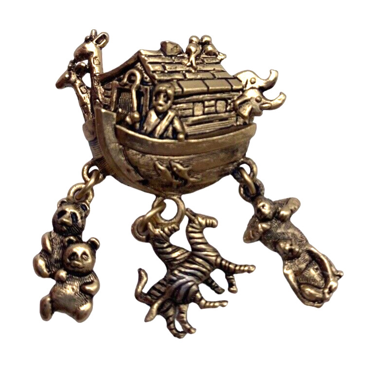 Noahs Ark Pin Brooch Dangle Charms Christian Bible Religious Brass Color Vintage