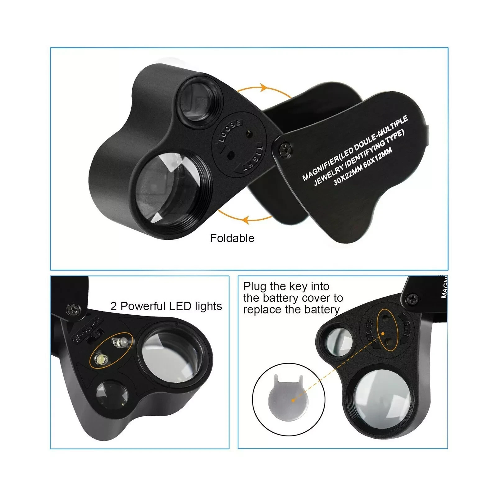 JARLINK 30X 60X Illuminated Jewelers Eye Loupe Magnifier Designed Gems Jewerly