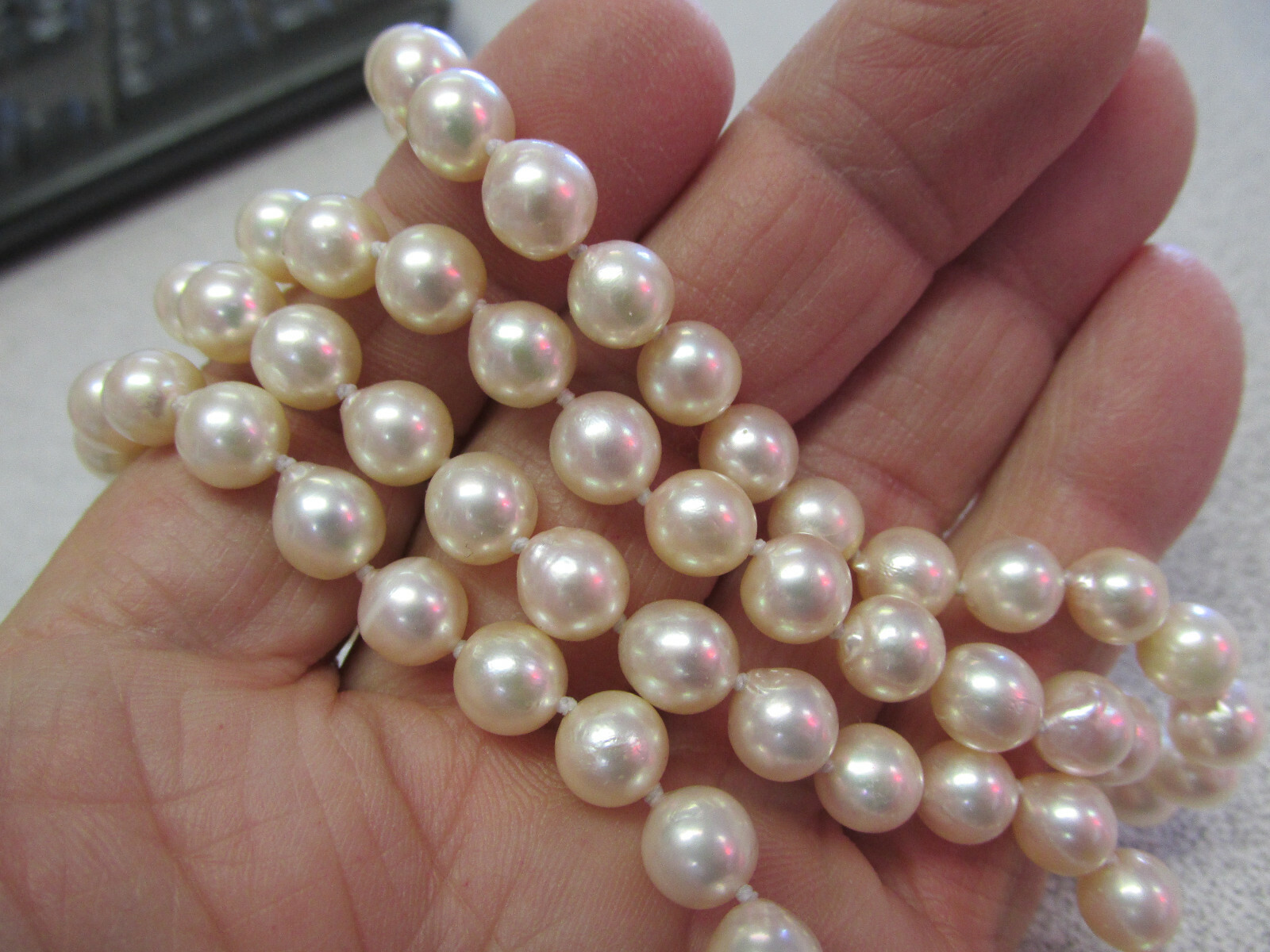 30 inch 7-7.5 mm Akoya Pearl Necklace Knotted on Silk with 14k Clasp MAKE OFFER