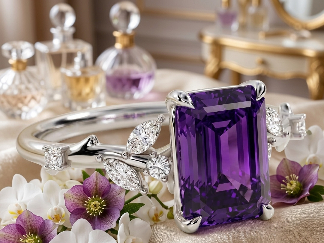 4.40 Ct Certified Emerald Cut Purple Natural Diamond Ring VVS1 White Gold Finish