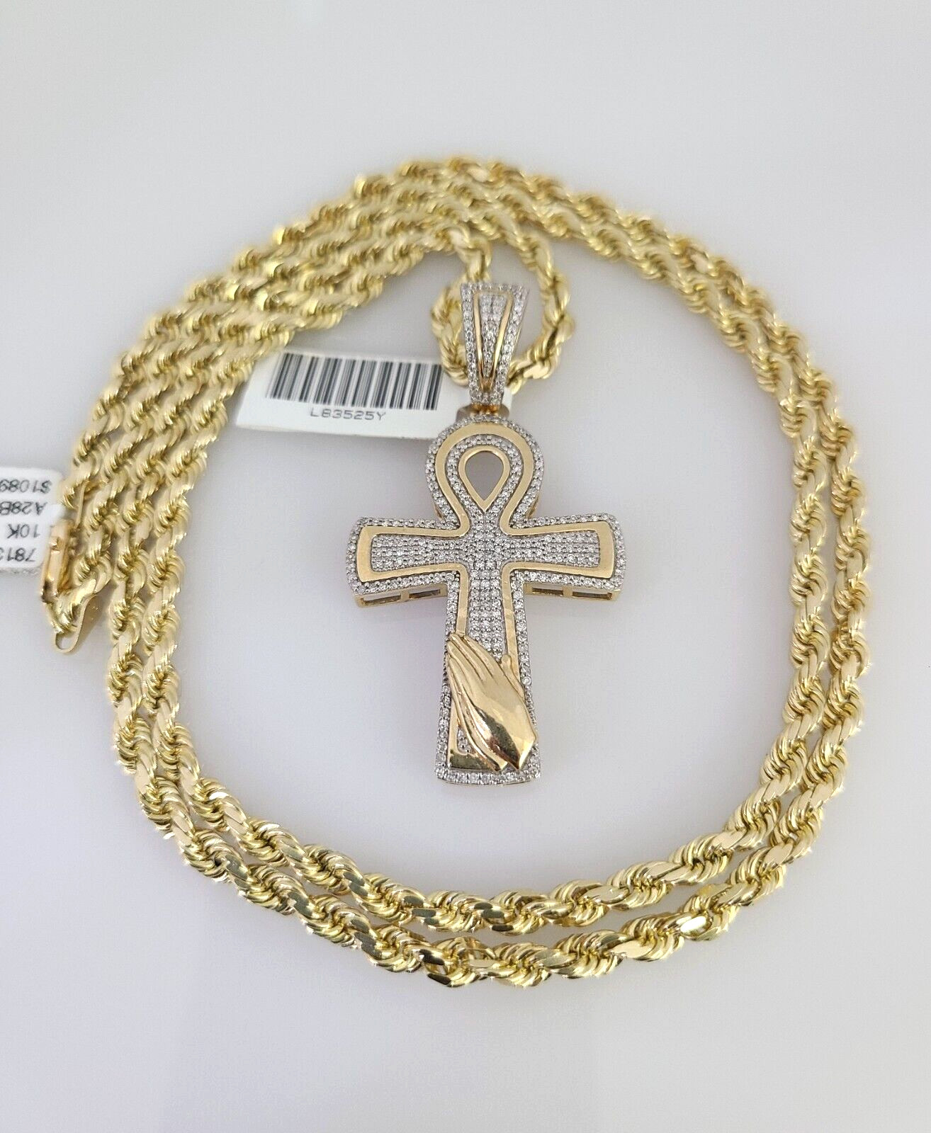 10k Solid Rope Chain Ankh Cross Charm Diamond Set 4mm 20″-28″ Necklace Gold