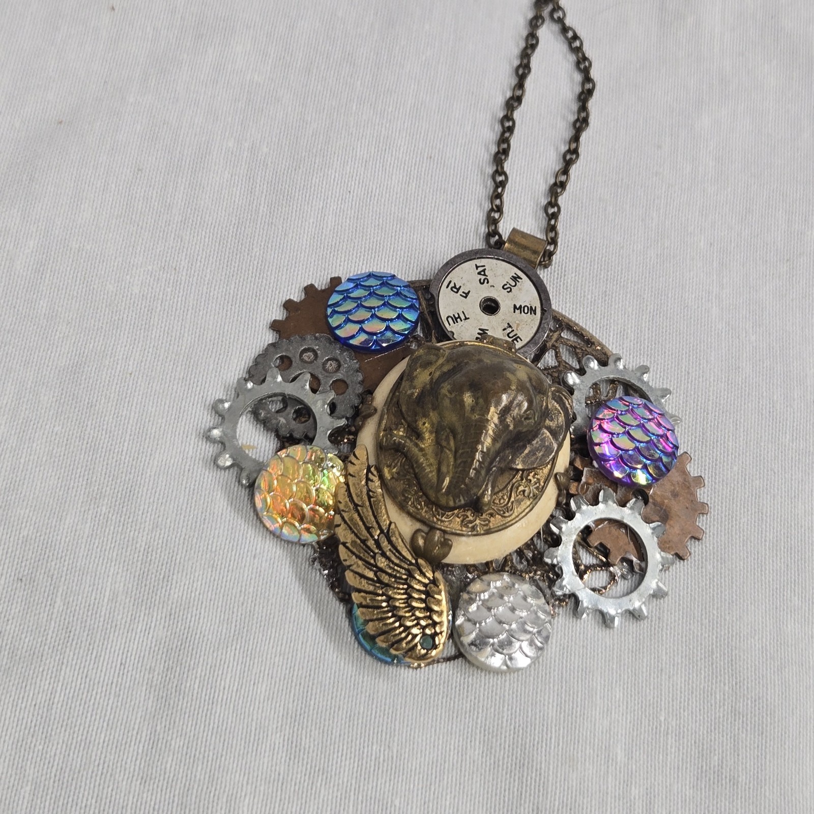 Steampunk Gear Charm Pendant Necklace Mixed Metal Multicolor Cable Chain Lobster