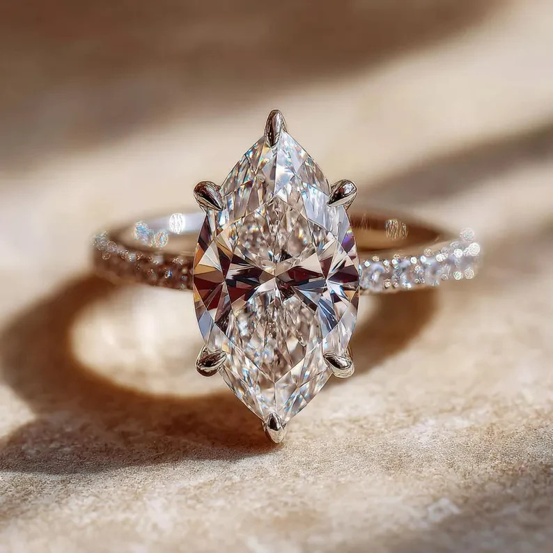 Marquies Cut IGI Lab-Grown/CVD Diamond Solitaire W/Accents Ring 14K White Gold