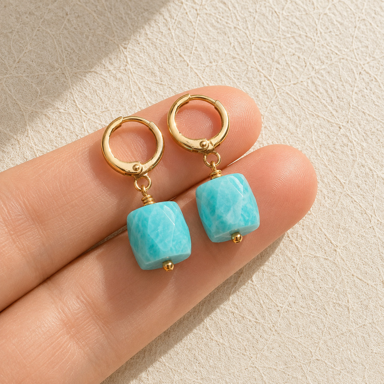 Natural Amazonite Cube Drop Earrings | 18K Gold Plated | Truth & Calm | Boho
