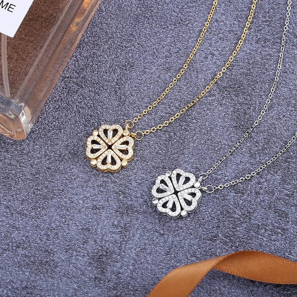 Four Leaf Clover Magnetic Folding Convertible Heart Pendant Necklace