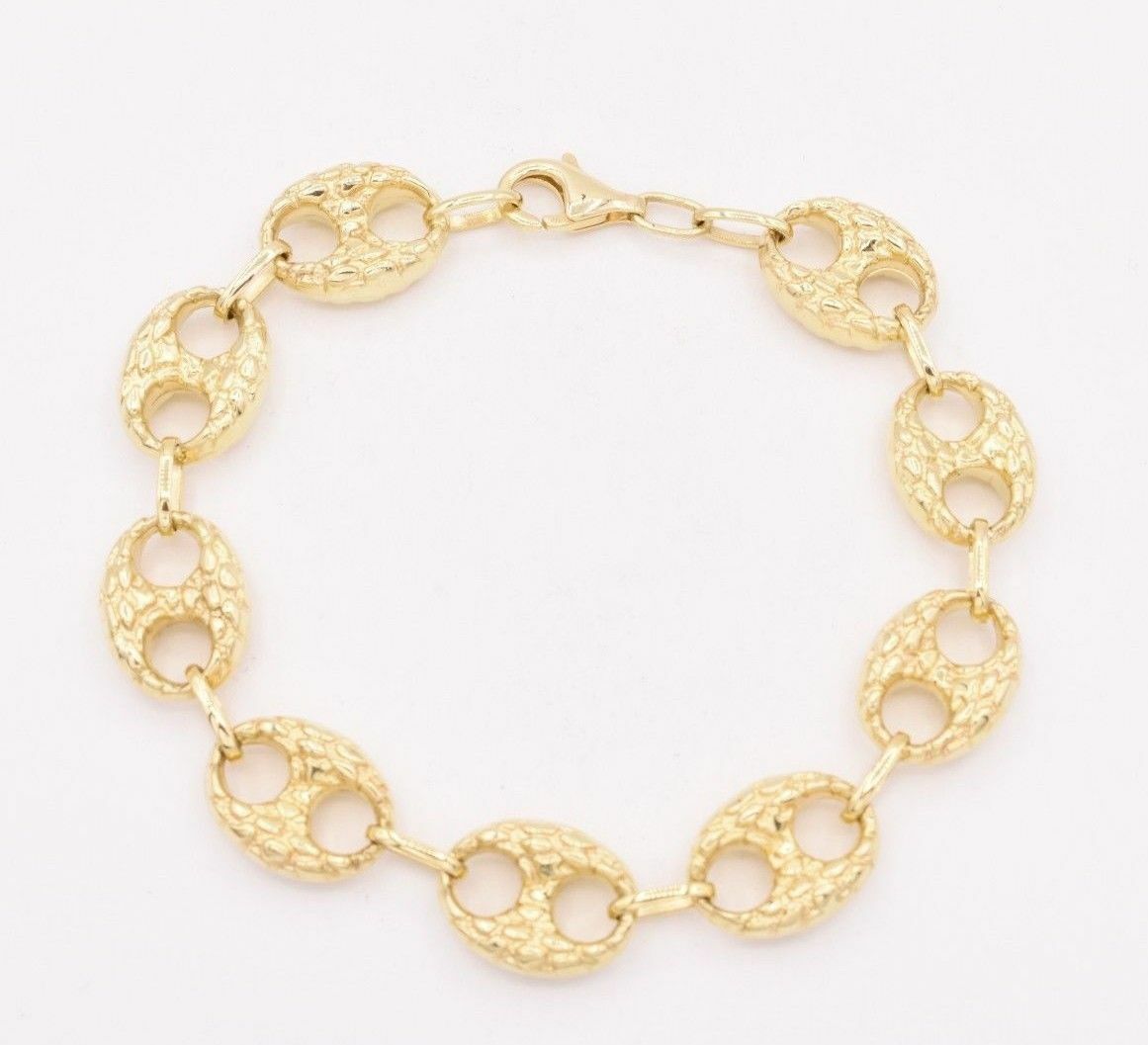12mm Puffed Mariner Anchor Nugget Textured Chain Bracelet Real 10K Yellow Gold