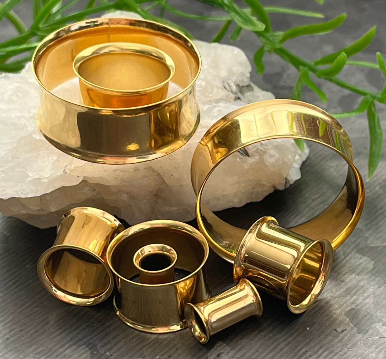 PAIR Gold Plated Double Flare Tunnels Ear Plugs Earlets Gauges