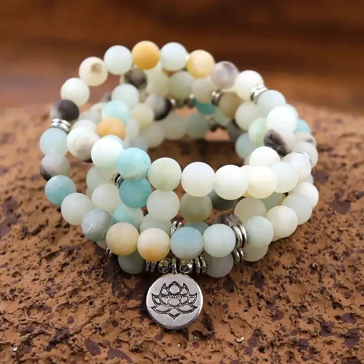 Natural Amazonite 108 Mala Bead Prayer Healing Amulet Unisex Women Necklace Gift