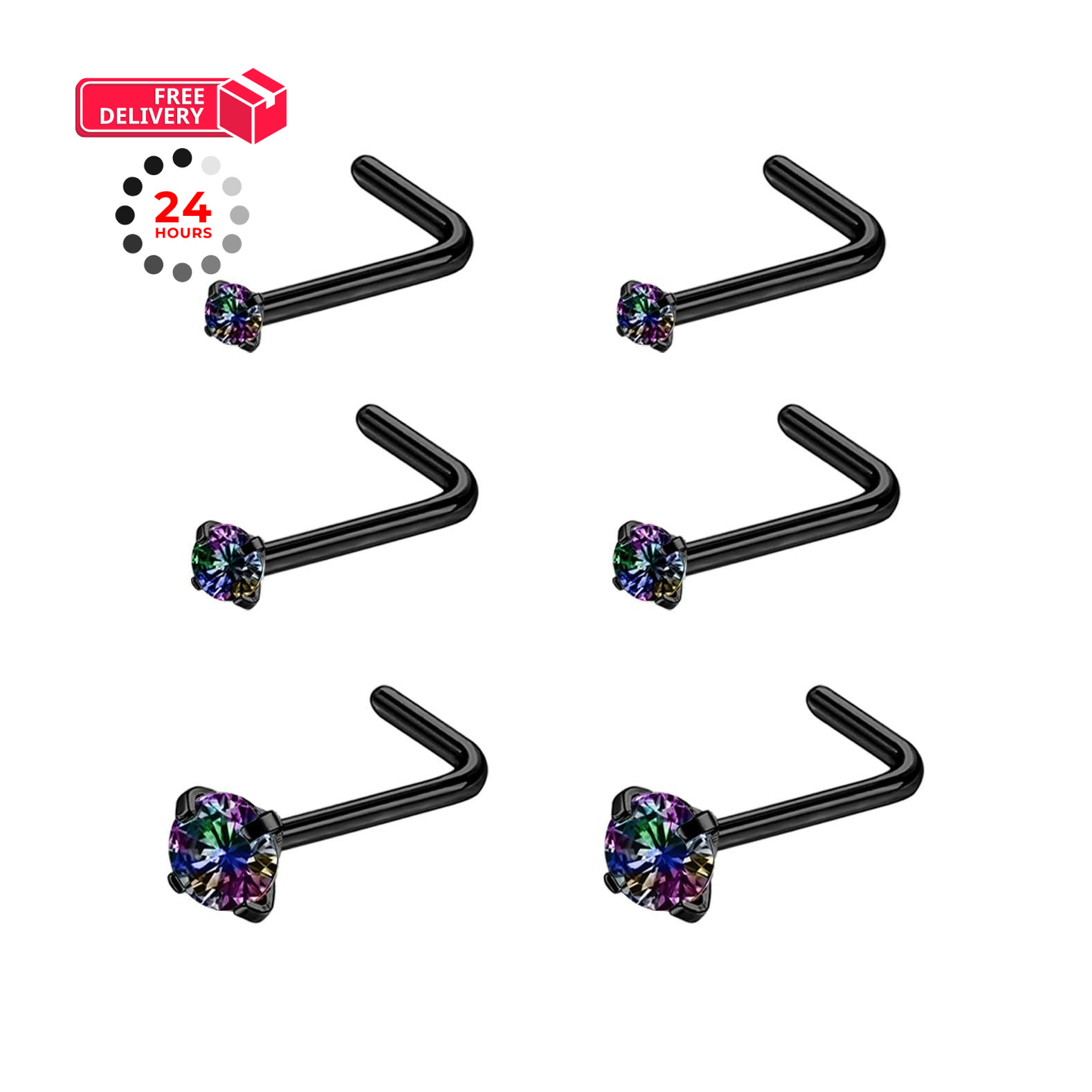 6ixGosh 4-6pcs 20g Nose Rings 0.8mm, 2/2.5/3mm/AB Black CZ/L-Shape/20g/Black