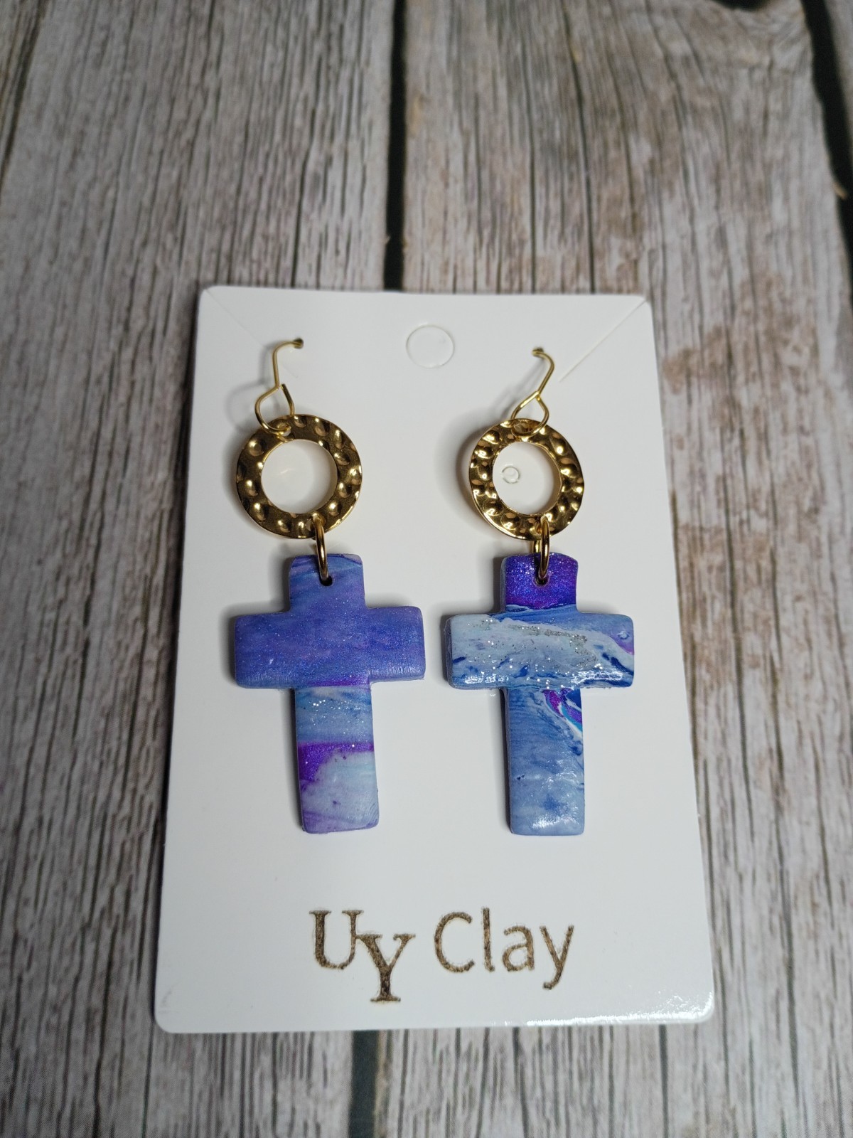 Handmade Purple Marbled Cross Gold Ring Polymer Clay Dangle Earrings – Hypoaller