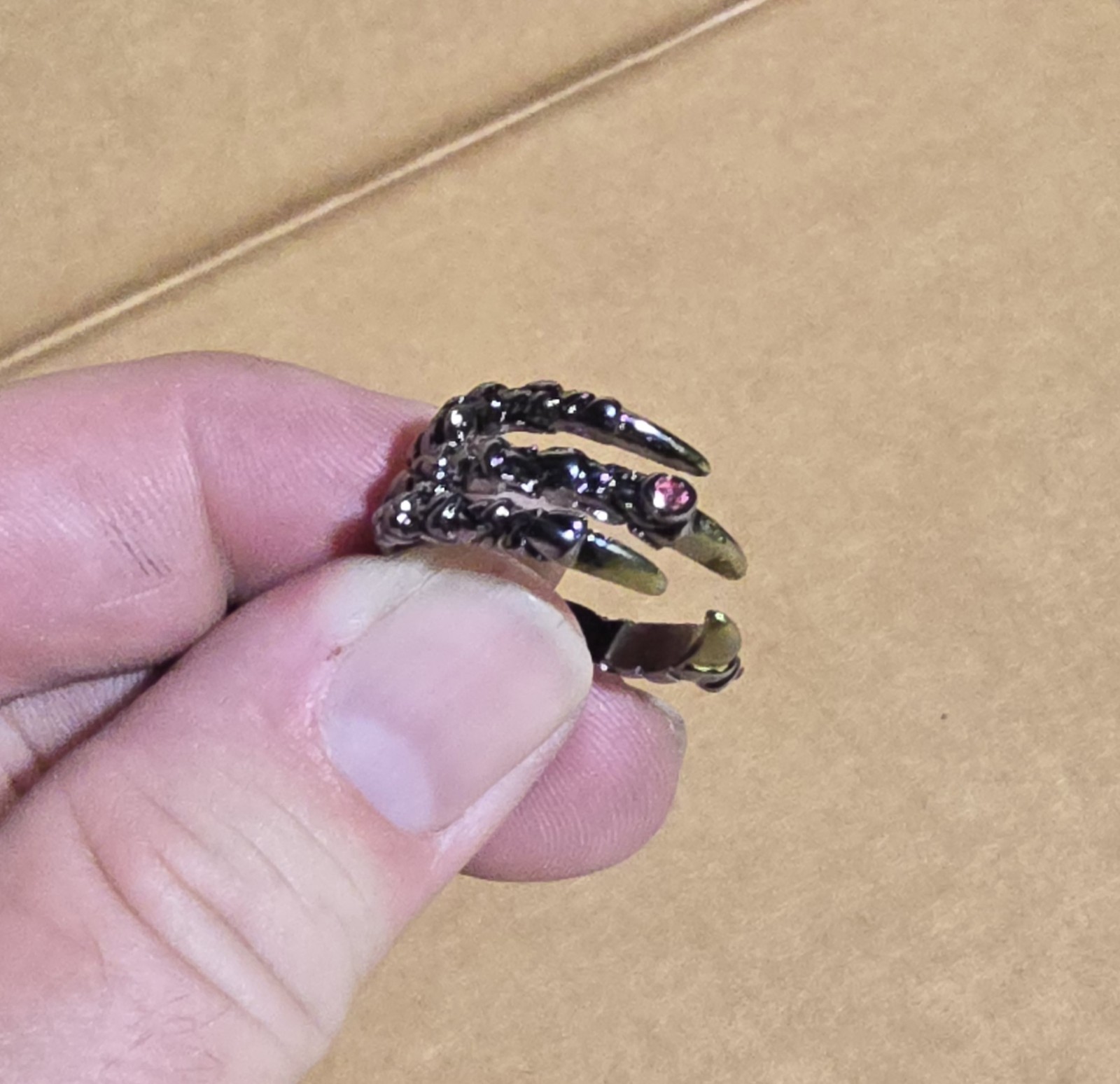 Black Stainless Steel Dragon Claw Ring Ruby Crystal Adjustable Punk Aesthetic