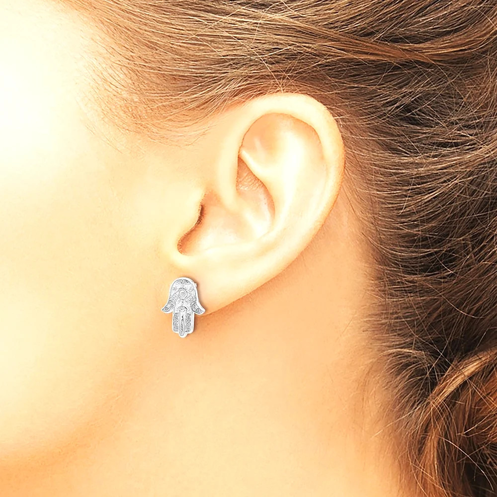 Sterling Silver Polished Designed Hamsa Post Earrings
