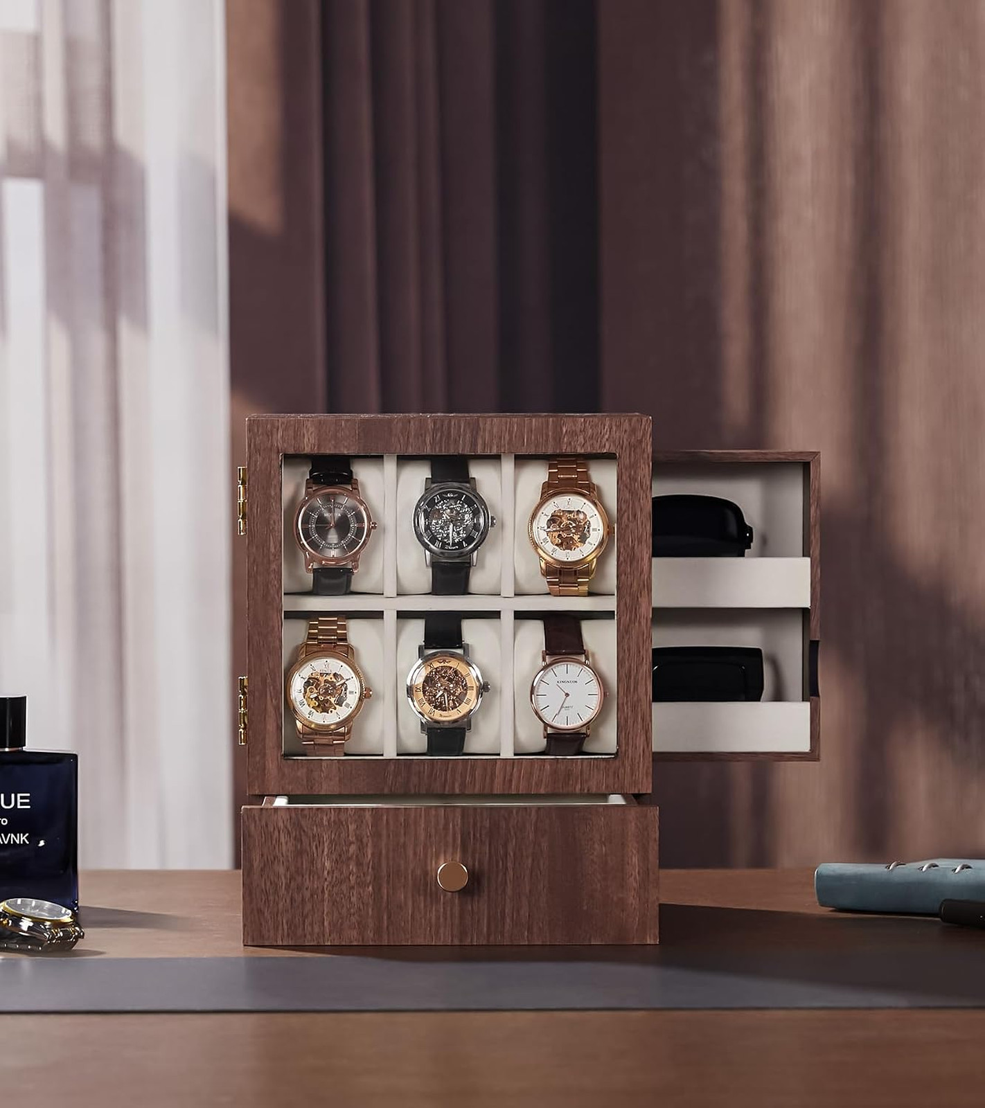 Wooden Watch Box for Men, Display Case with 6 Slots, Organizer for Watches