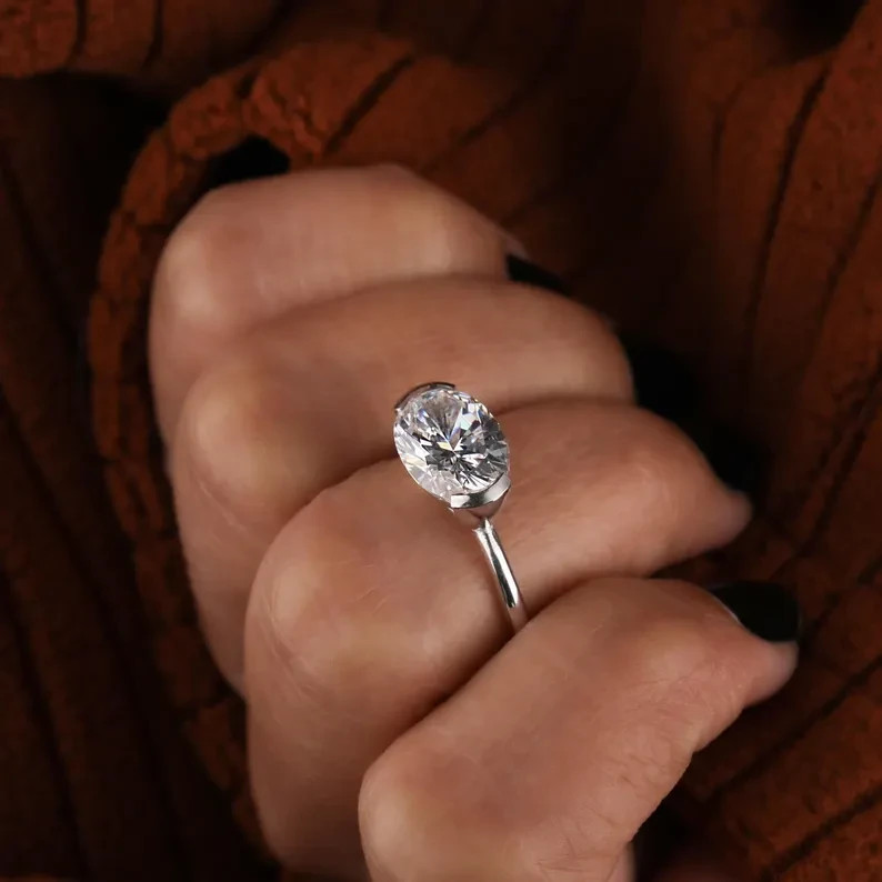 2Ct Oval Moissanite East West Half Bezel Engagement Ring 14k White Gold Plated