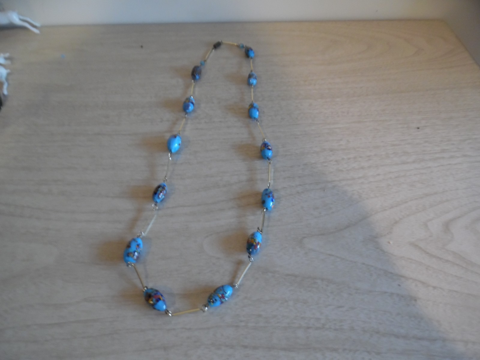 Vintage blue Glass Bead and bar Long Necklace Hand Painted 15″