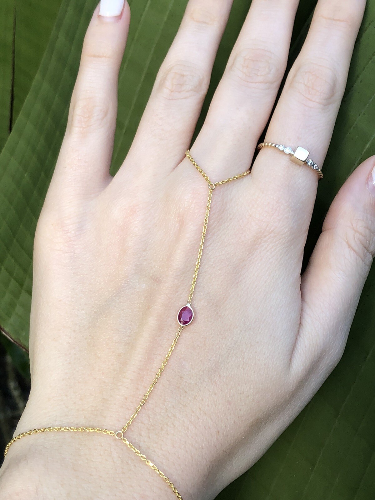 Stunning Oval Natural Ruby 14K Yellow Gold Hand Chain Slave Combo Ring Bracelet