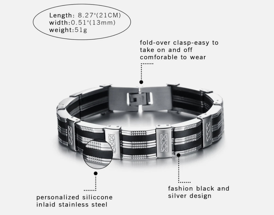 Men’s Black Silver Tone Silicone Rubber Stainless Steel Bracelet Chain Wristband