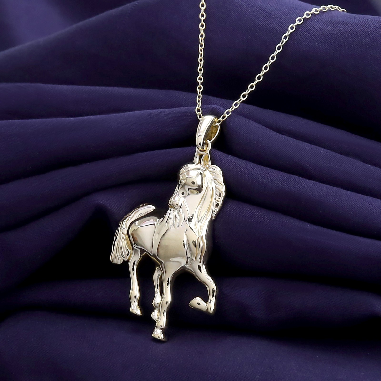 Wild Equine Horse Pendant Necklace In 14K Yellow Gold Plated Sterling 18″ Chain