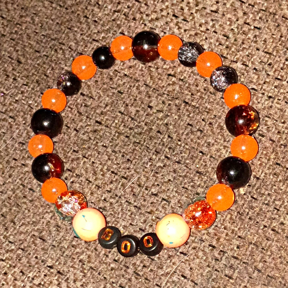 Orange & Black Round Beaded Stretch Bracelet Acrylic & Glass Beads No Closure