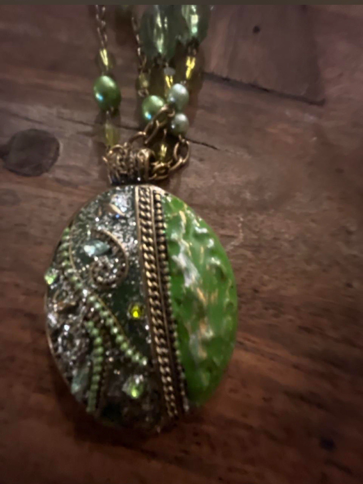 Green Gold Tone Beaded Necklace Oval Charm Pendant Clear Crystal Pavé