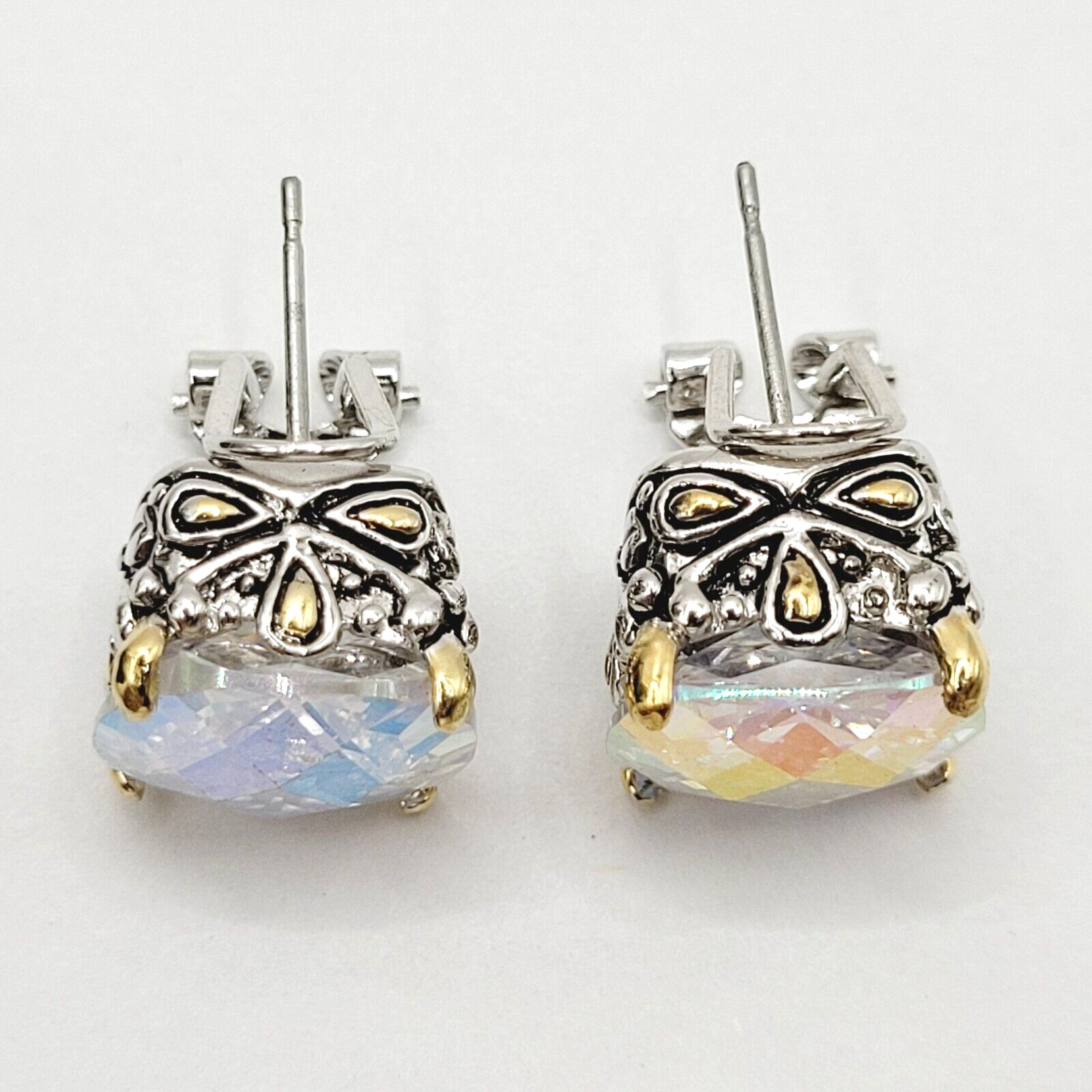 Modern Rainbow AB Crystal Square Stud Two Tone Ornate Frame Pierced Earrings