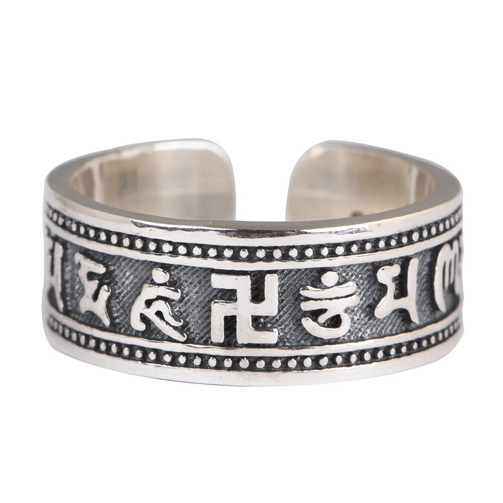 New mens sterling Silver Open Ring with Buddhist six-character mantra gift