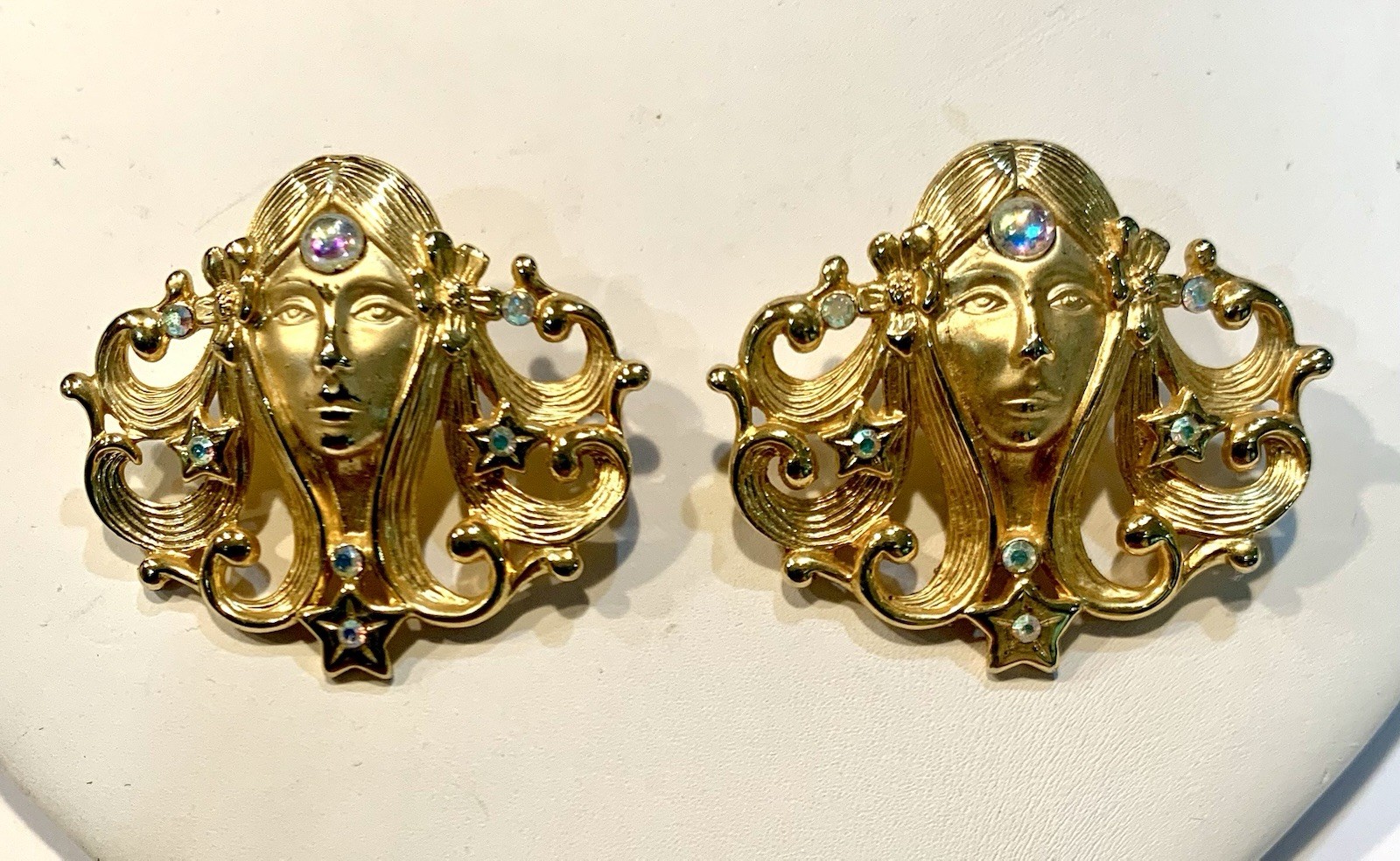 Vintage Celestial Face With Stars And ABs Gold Tone Metal Earrings Signed JJ