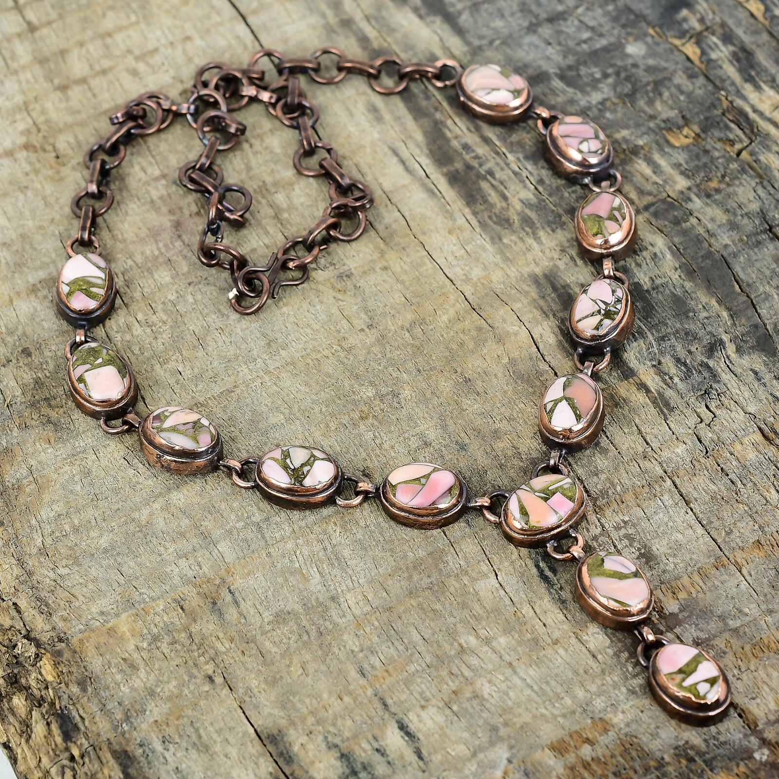 Oval Copper Pink Opal Gemstone Chain Electroformed Wife Necklace Jewelry Copper
