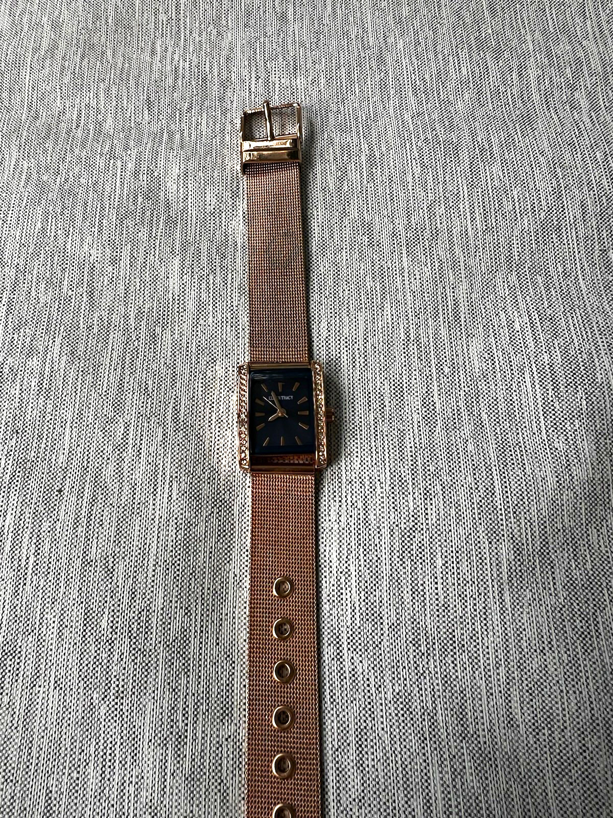 Ellen Tracy Women’s Rectangle Watch Blue Dial Rose Gold Tone Crystal Bezel